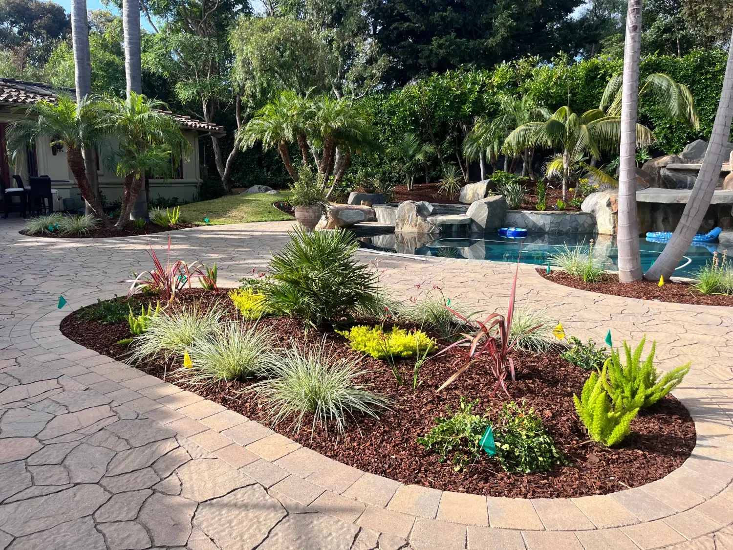 Lush tropical planting and natural flagstone pathway surrounding a pool in Fairbanks Ranch