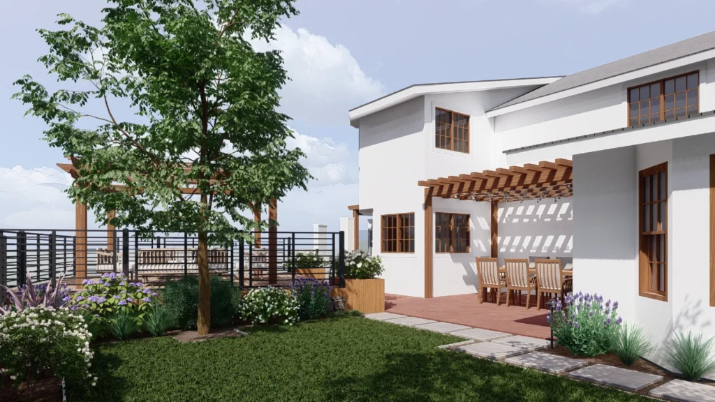 3D rendering of Del Cerro front yard with driveway, drought-tolerant plants, and modern design elements.