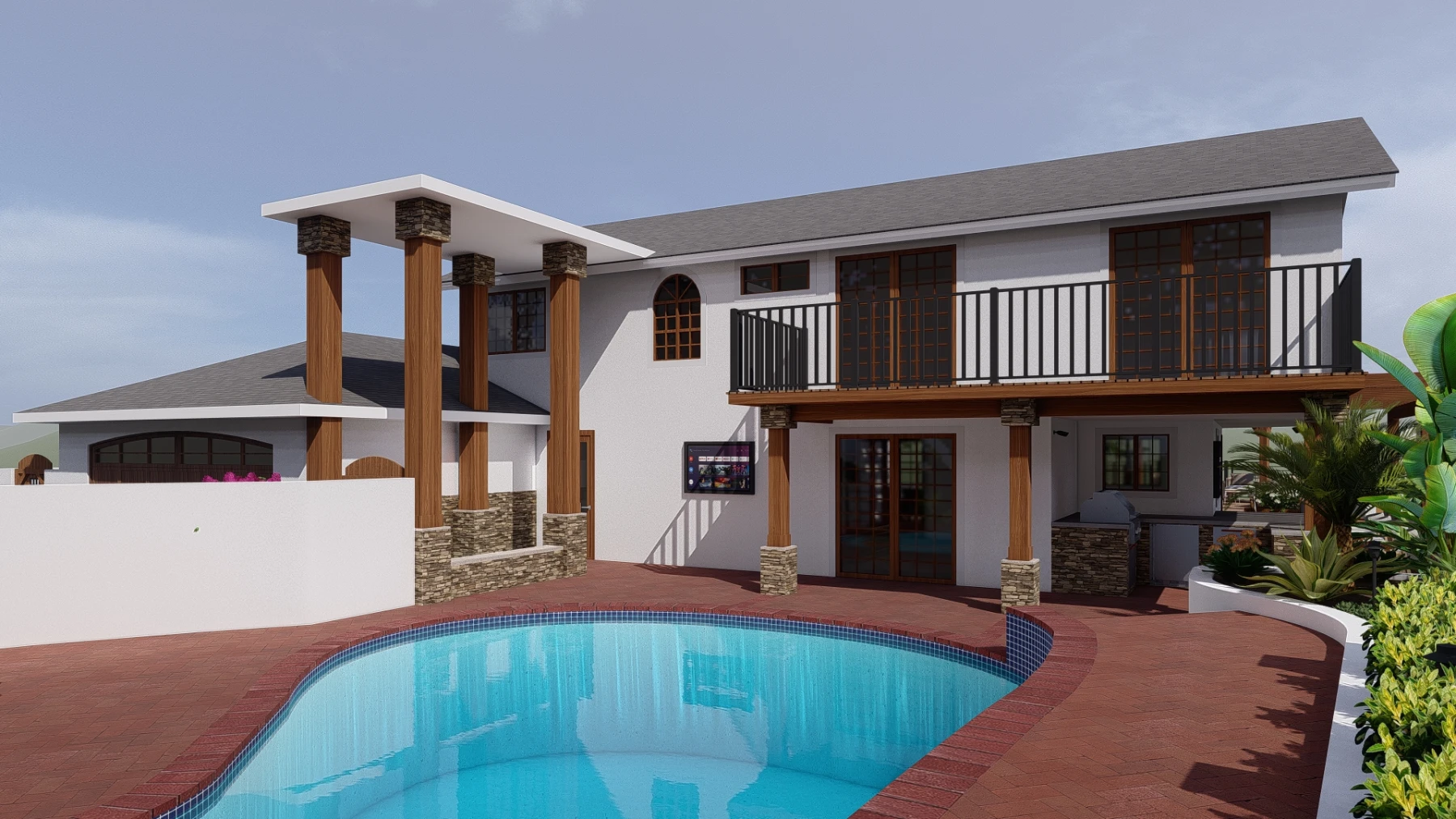 3D rendering of a backyard with a pool and two-story home in Del Cerro outdoor design project.