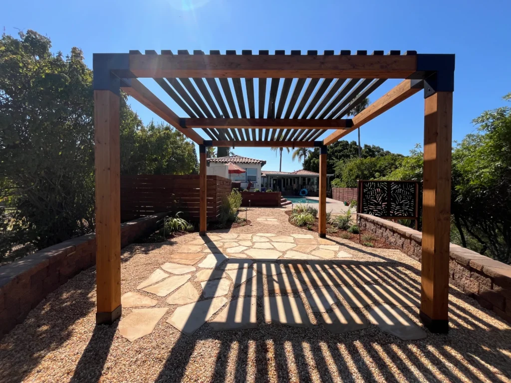 Backside view of the custom 12’ x 12’ pergola structure.